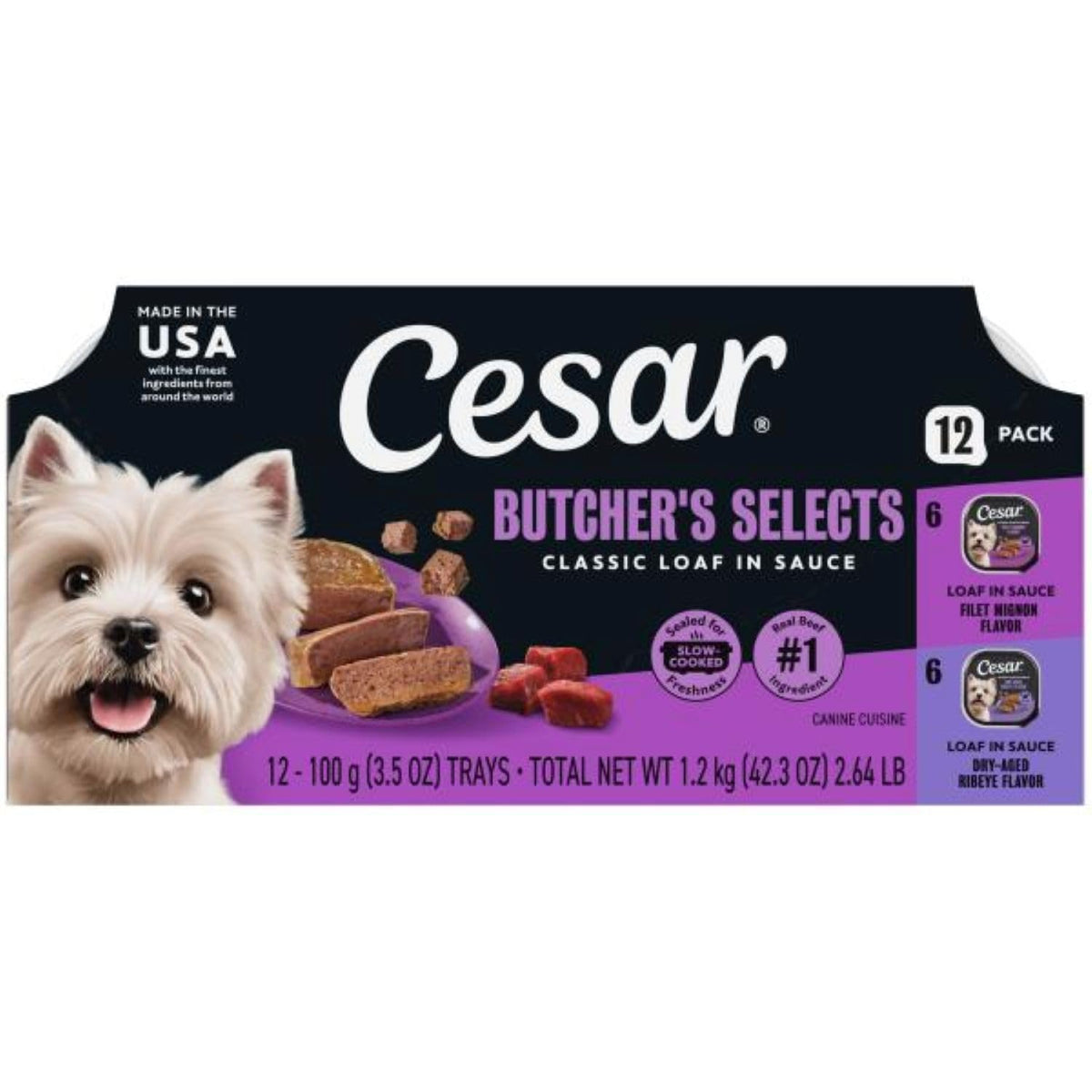 Cesar Classic Loaf in Sauce Wet Dog Food, Meaty Selects, 3.5 oz, 36 Count | Made in USA, Real meat #1 ingredient, no fillers or artificial flavors, formulated without grains, easy peel trays