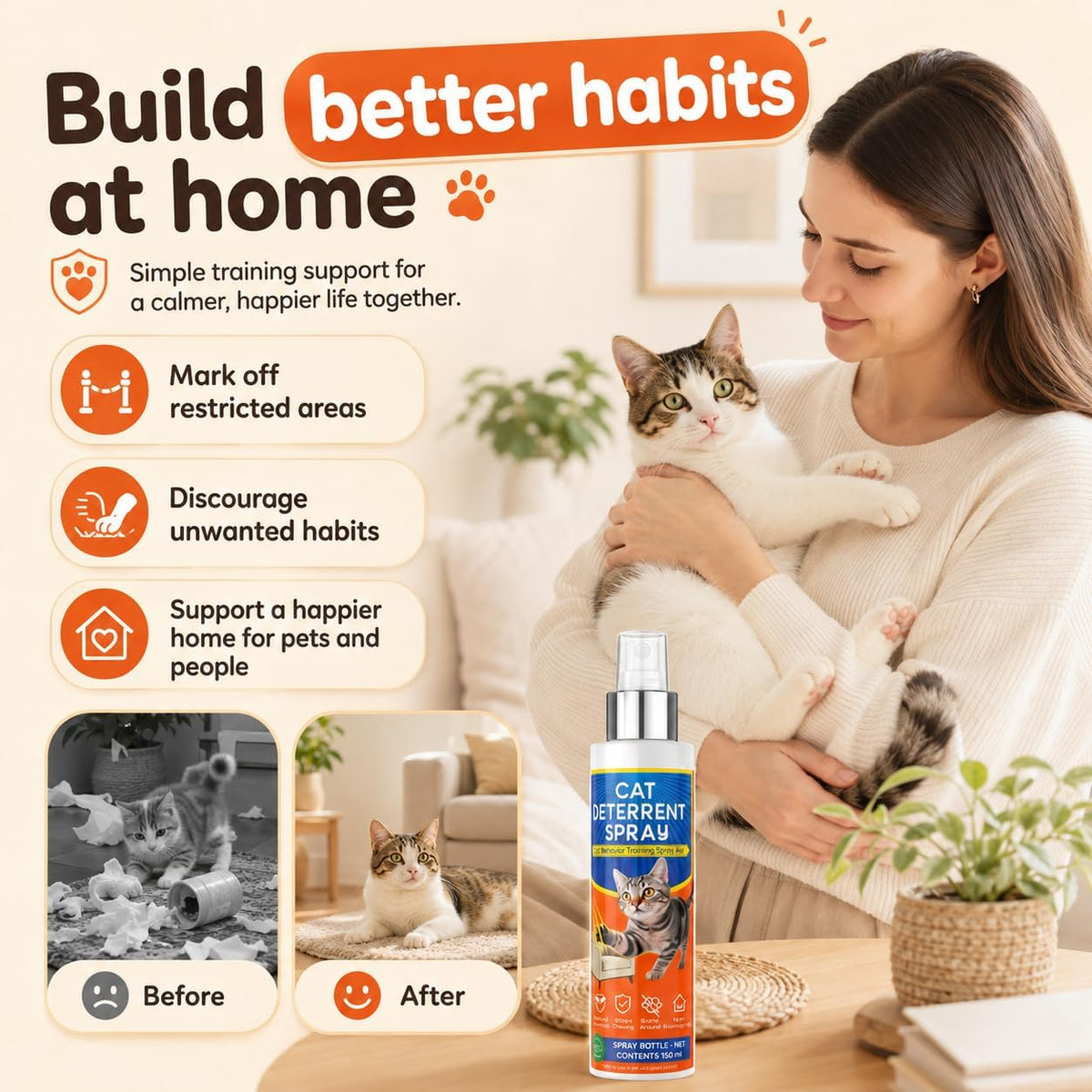 Cat Deterrent Spray for Furniture Protection, Anti Scratch and Urine Marking, Plant-Based Safe Formula for Indoor & Outdoor 150ML 4