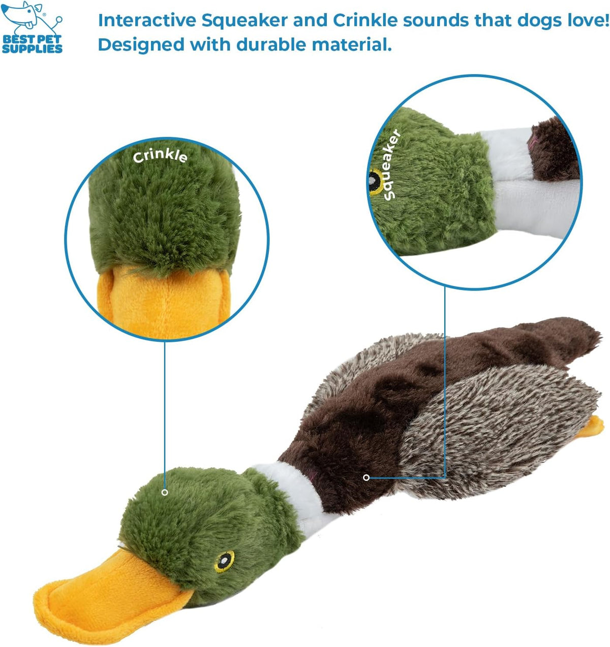 Best Pet Supplies Interactive Squeaky Dog Toy - Crinkle Duck, Yellow | Stuffing Free Body, Soft, Squeaks & Crinkles, No Mess, Perfect for Moderate Chewers, Toss and Fetch Play