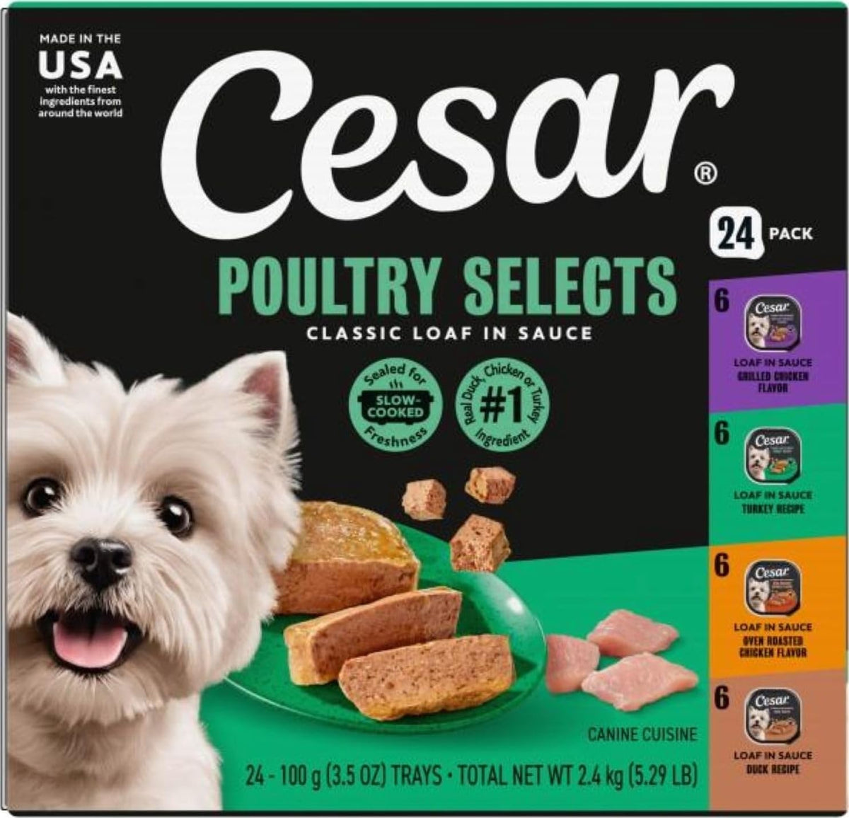 Cesar Classic Loaf in Sauce Wet Dog Food, Meaty Selects, 3.5 oz, 36 Count | Made in USA, Real meat #1 ingredient, no fillers or artificial flavors, formulated without grains, easy peel trays