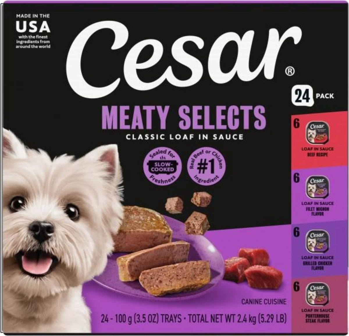 Cesar Classic Loaf in Sauce Wet Dog Food, Meaty Selects, 3.5 oz, 36 Count | Made in USA, Real meat #1 ingredient, no fillers or artificial flavors, formulated without grains, easy peel trays