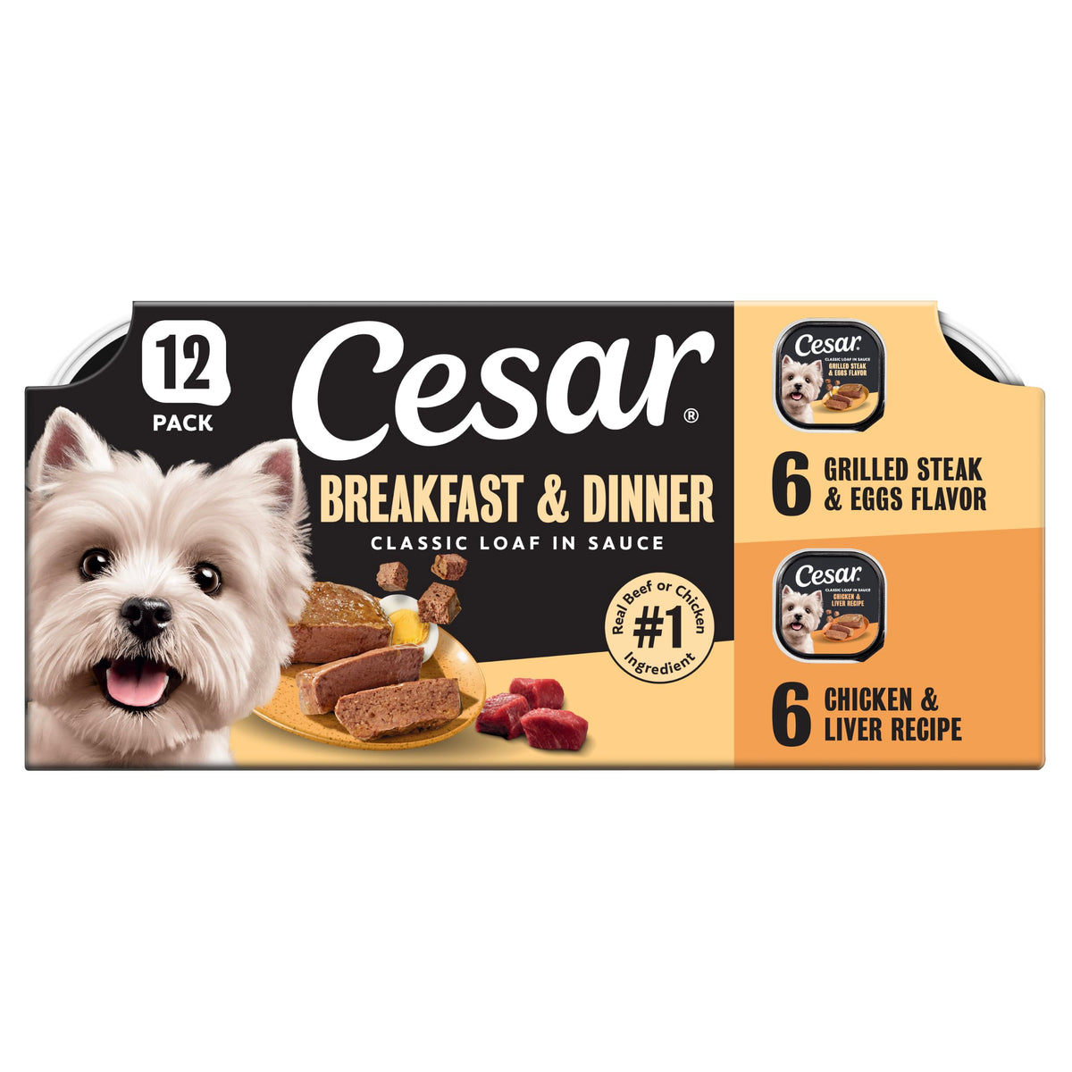 Cesar Classic Loaf in Sauce Wet Dog Food, Meaty Selects, 3.5 oz, 36 Count | Made in USA, Real meat #1 ingredient, no fillers or artificial flavors, formulated without grains, easy peel trays