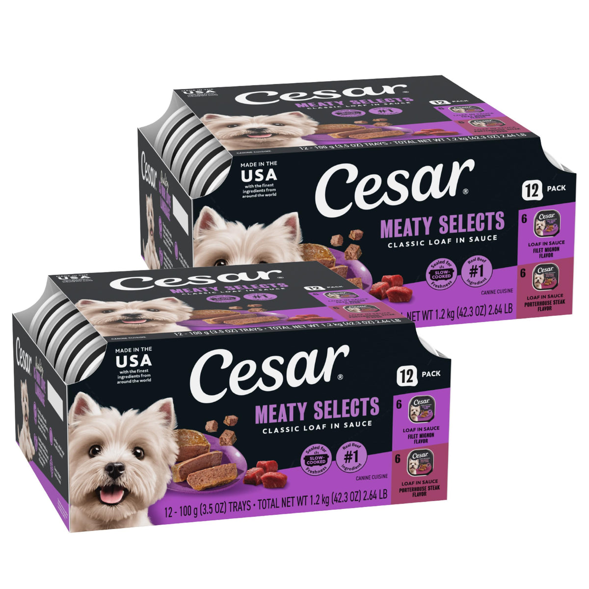Cesar Classic Loaf in Sauce Wet Dog Food, Meaty Selects, 3.5 oz, 36 Count | Made in USA, Real meat #1 ingredient, no fillers or artificial flavors, formulated without grains, easy peel trays