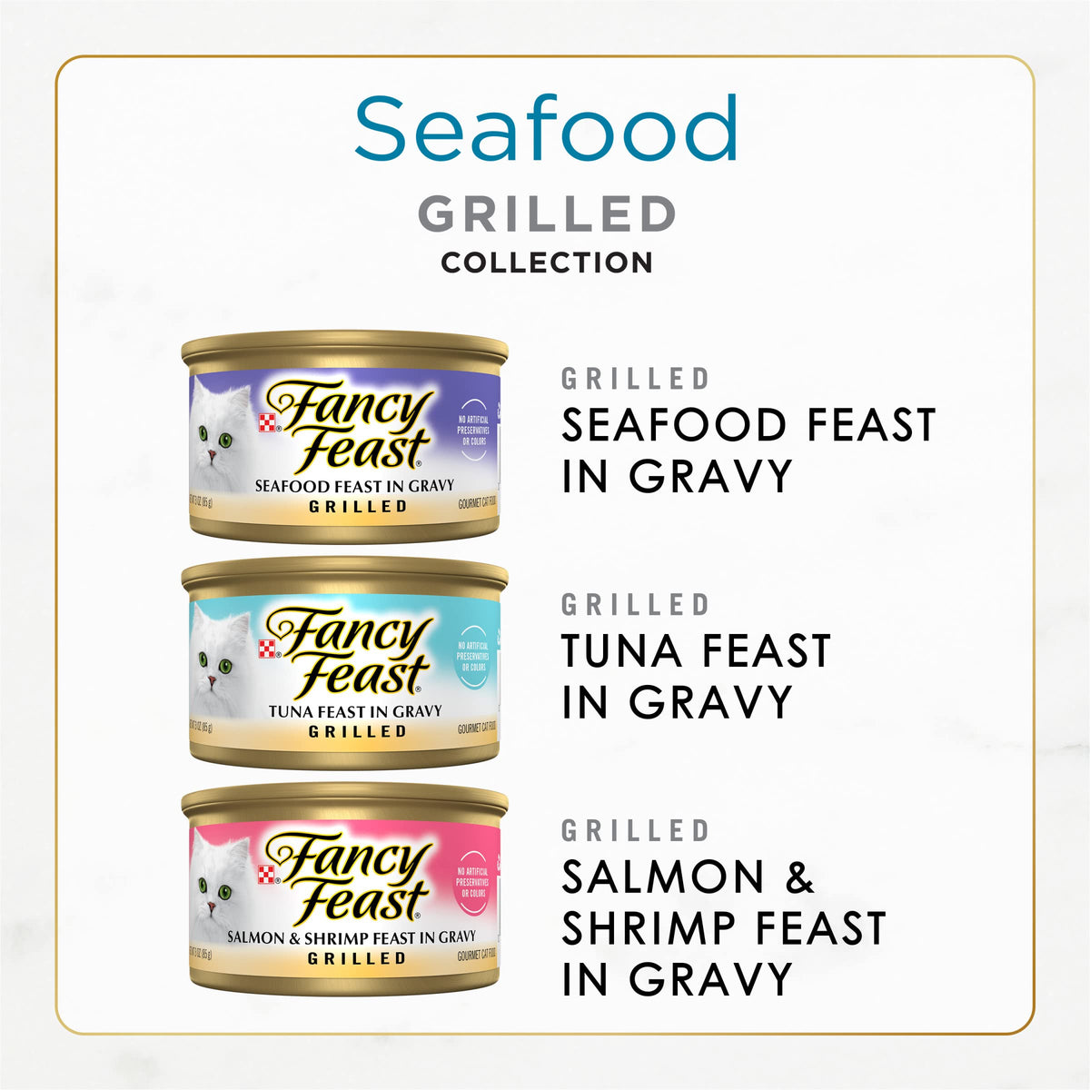 Purina Fancy Feast Grilled Seafood Wet Cat Food, 3 oz Cans, 24-Pack | Variety Pack, crafted with real seafood in savory gravy. Made with no Artificial Colors or Preservatives.